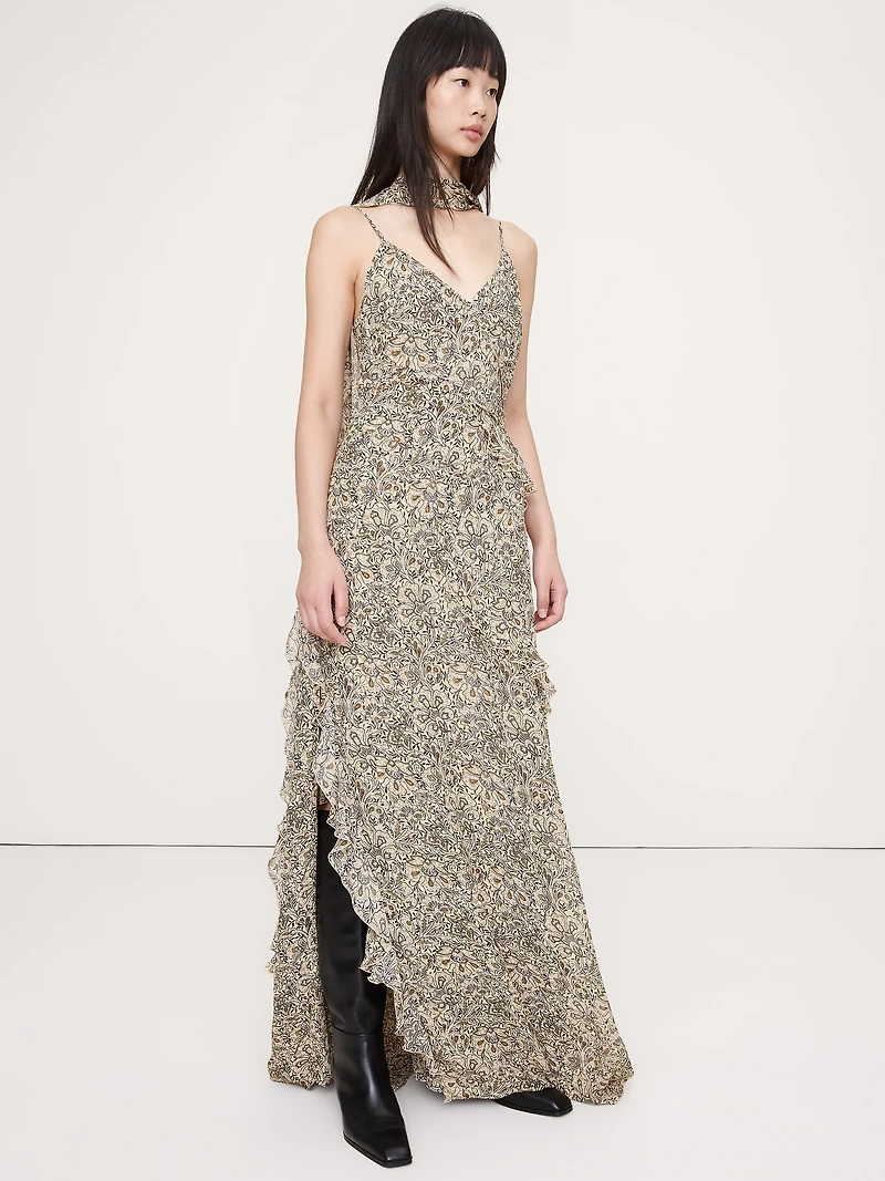 Georgette Ruffle Maxi Dress with Scarf