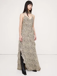 Georgette Ruffle Maxi Dress with Scarf