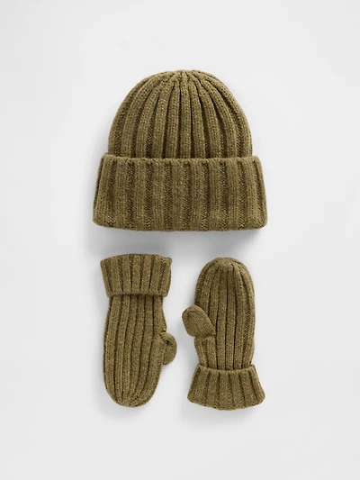 Ensemble de bonnet et mitaines en ticot côtelé Effet cachemire pour Bébé Tout-petit