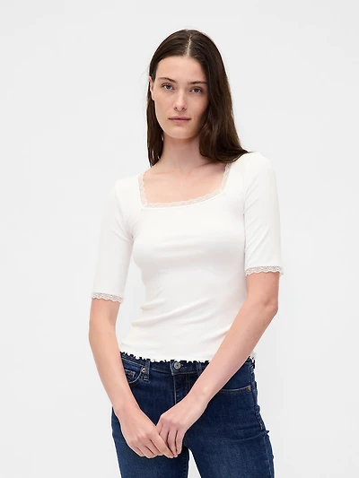 Modal Rib Lace-Trim Square-Neck T-Shirt