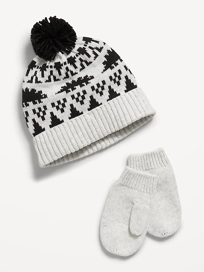 Pom-Pom Beanie and Mittens Set for Toddler Boys