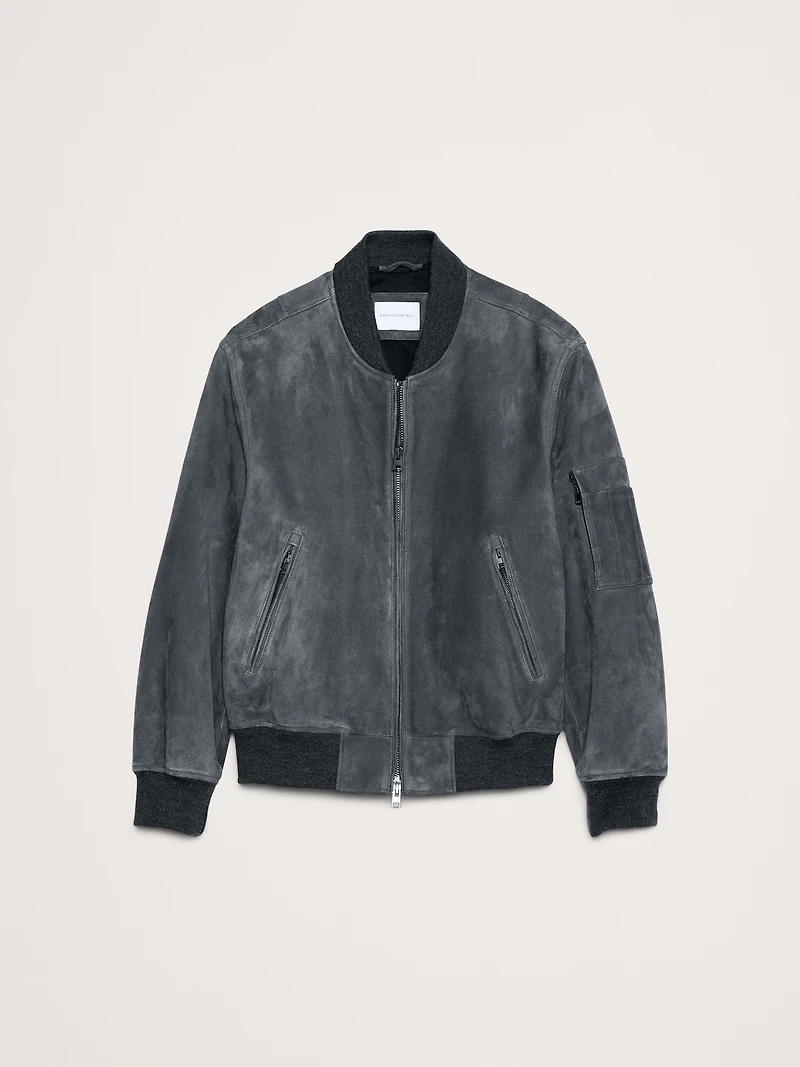 Suede Bomber Jacket with Quilted Lining