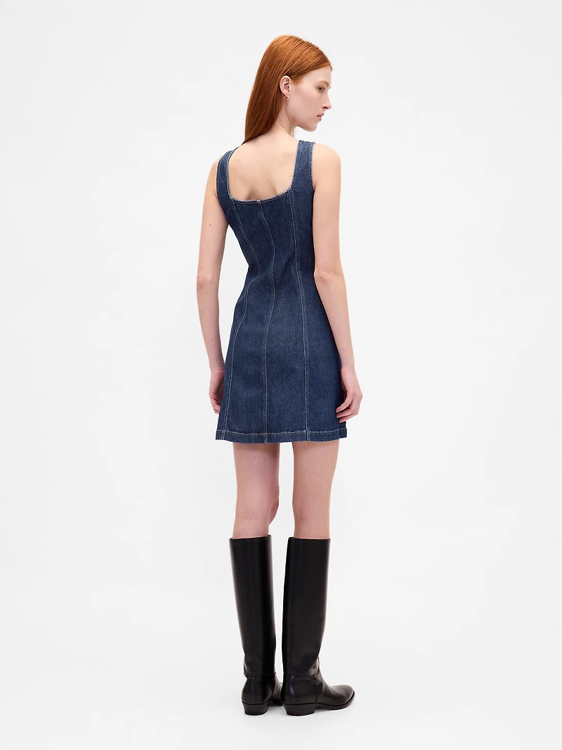 Denim Seamed Button-Front Mini Dress