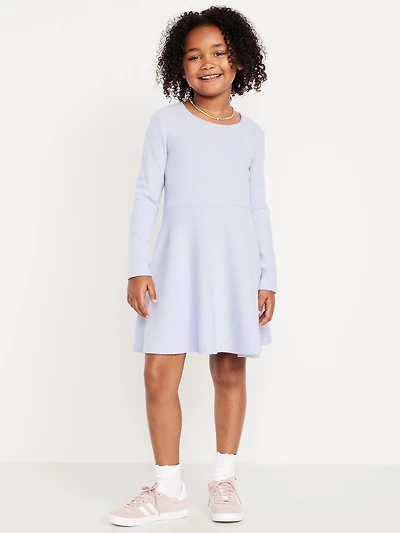 Cozy Long-Sleeve Ribbed Fit and Flare Dress for Girls