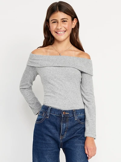 CozePlush Off-Shoulder Long-Sleeve Ribbed Top for Girls