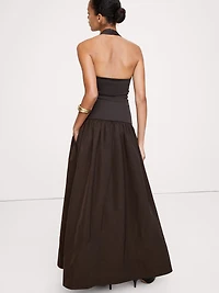 Jersey & Taffeta Halter Maxi Dress