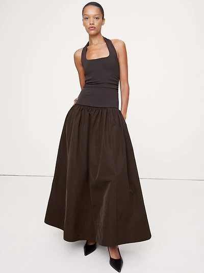 Jersey & Taffeta Halter Maxi Dress