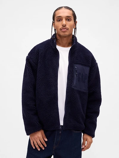 Recycled Sherpa Oversized Logo Zip Jacket