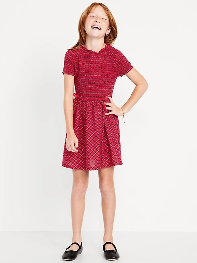 Short-Sleeve Fit and Flare Smocked Bow Dress for Girls