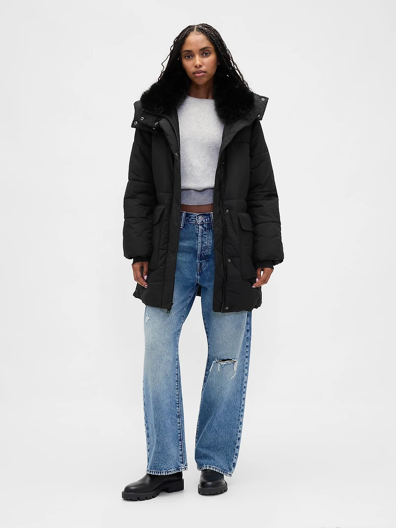 Faux Fur-Trim Midi Puffer Jacket