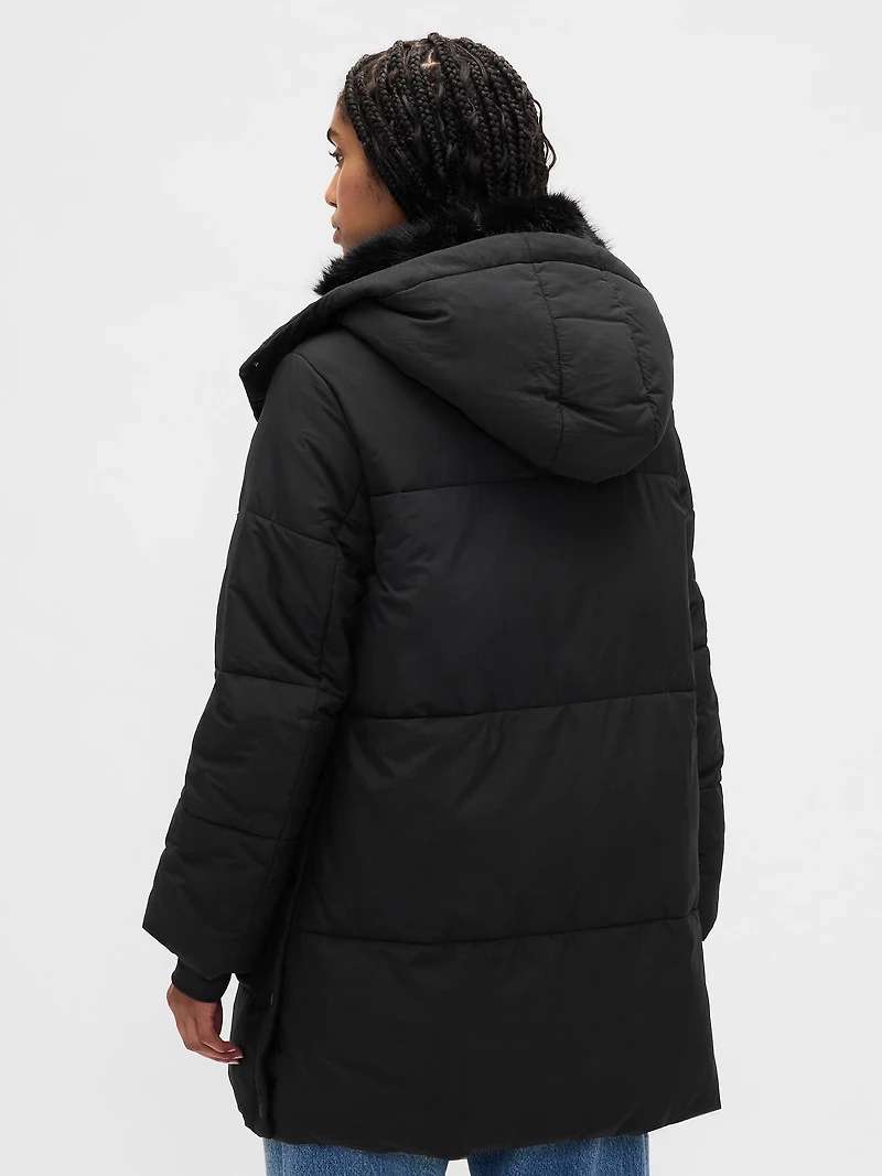 Faux Fur-Trim Midi Puffer Jacket