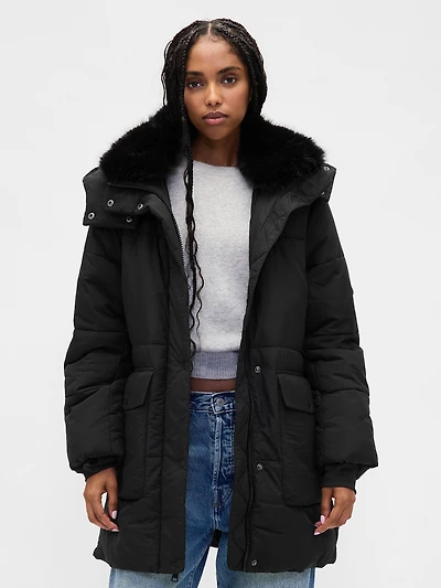 Faux Fur-Trim Midi Puffer Jacket