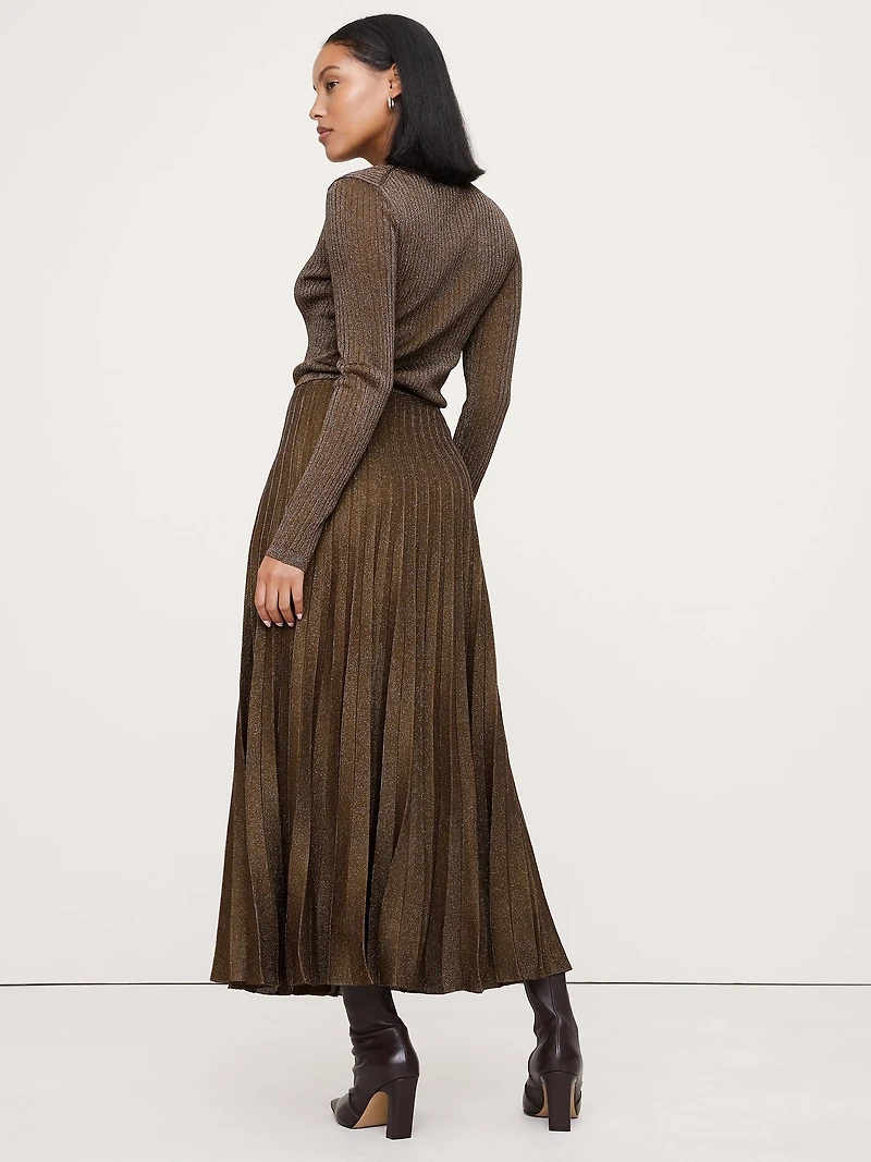 Pleated Metallic Sweater Skirt