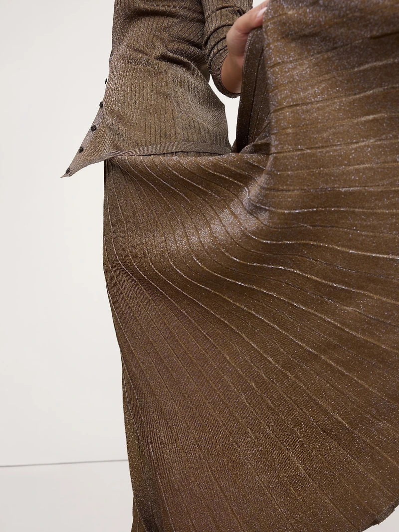 Pleated Metallic Sweater Skirt