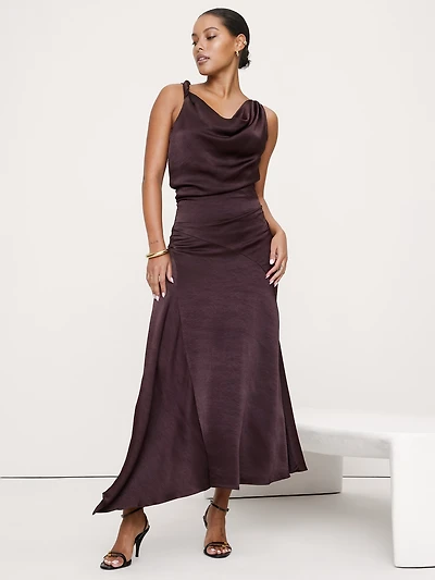 Hammered Satin Twist-Shoulder Dress