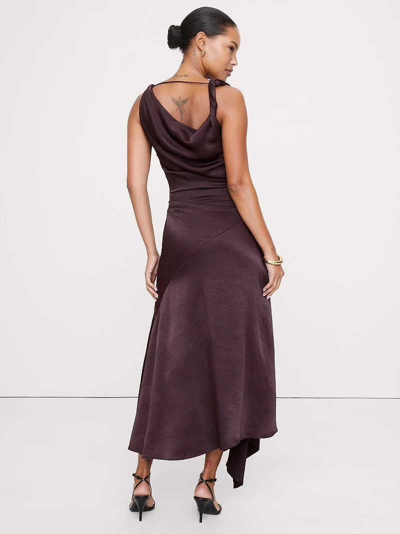 Hammered Satin Twist-Shoulder Dress