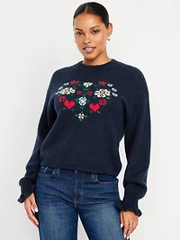 Loose Crew-Neck Wool-Blend Graphic Cropped Sweater