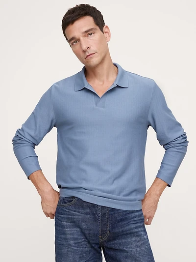 Herringbone Cotton Long-Sleeve Polo