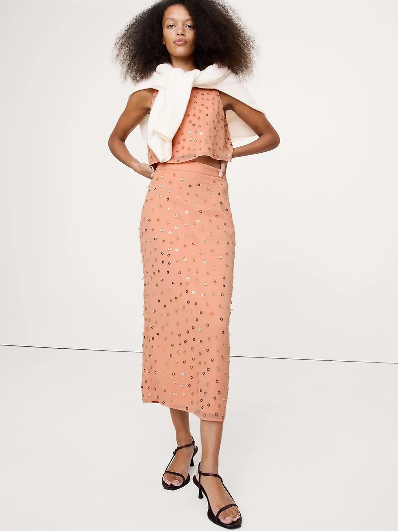 Embellished Chiffon Midi Skirt