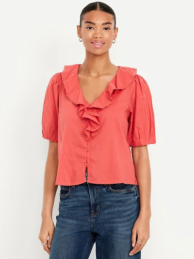 Ruffle Collar Button-Down Top