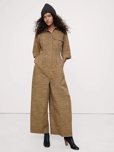 Stretch-Cotton Wide-Leg Utility Jumpsuit
