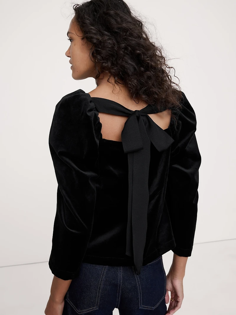 Cotton Velvet Puff-Sleeve Top