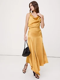 Hammered Satin Twist-Shoulder Dress
