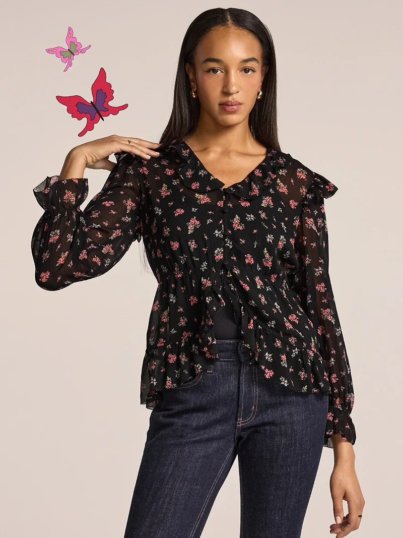 Old Navy x Anna Sui Chiffon Ruffle Button-Down Top