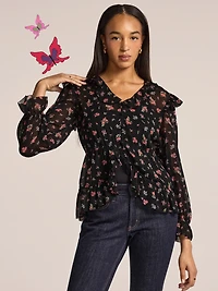 Old Navy x Anna Sui Chiffon Ruffle Button-Down Top
