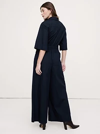 Stretch-Cotton Wide-Leg Utility Jumpsuit