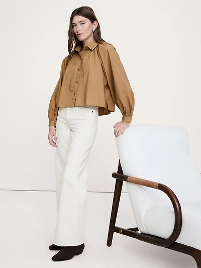Cotton Poplin Balloon-Sleeve Shirt