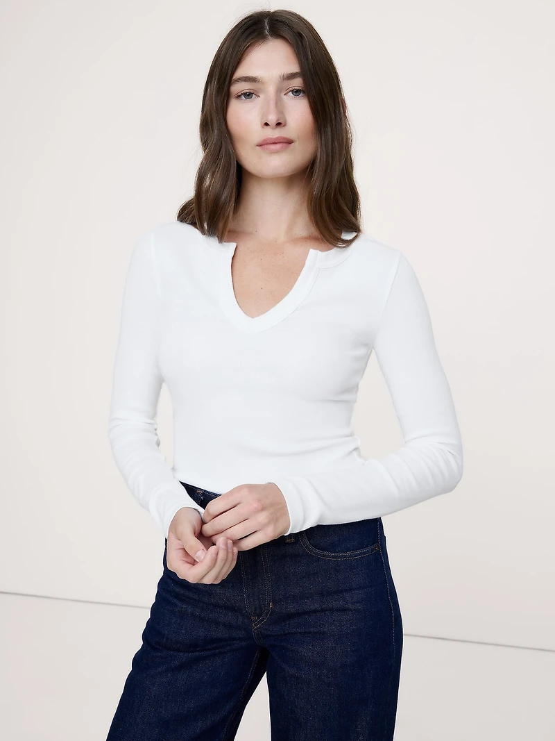 Ribbed Split-Neck T-Shirt