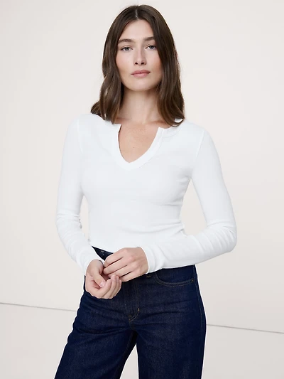 Ribbed Split-Neck T-Shirt