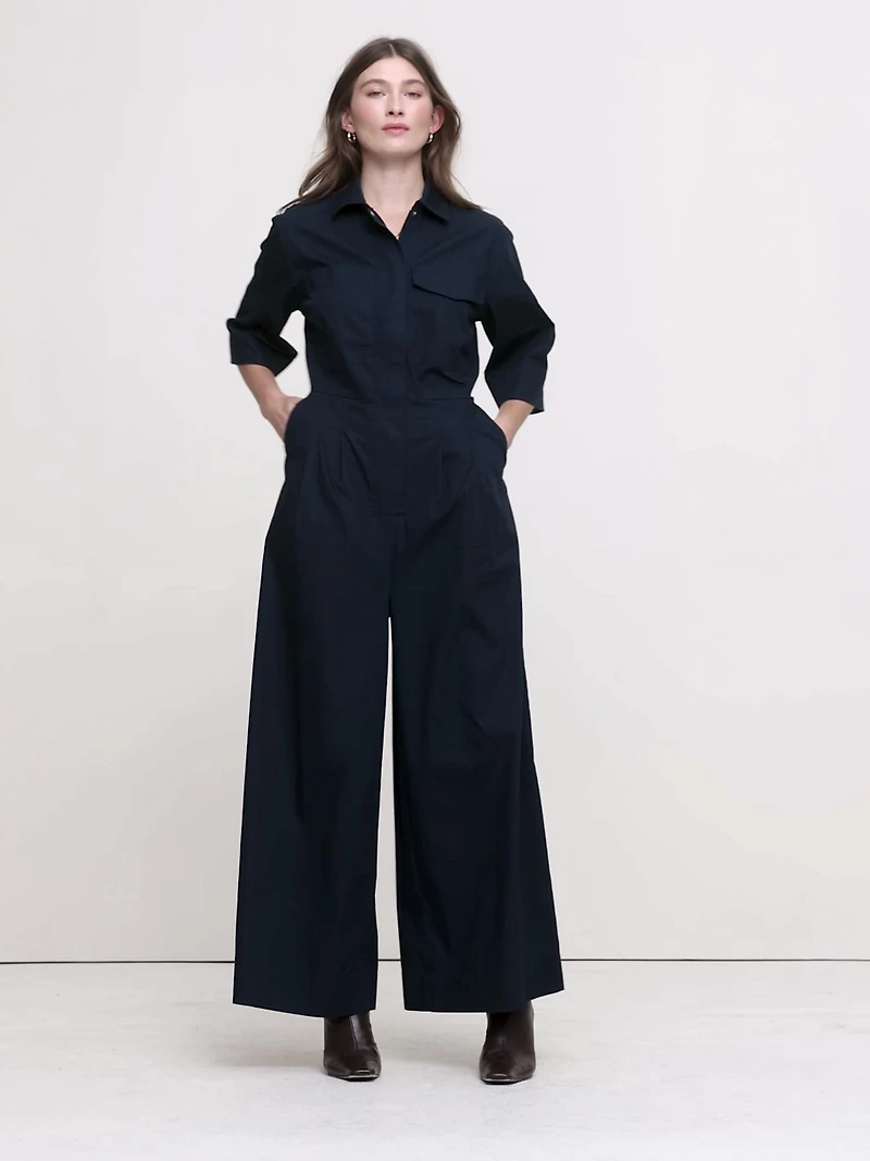 Stretch-Cotton Wide-Leg Utility Jumpsuit