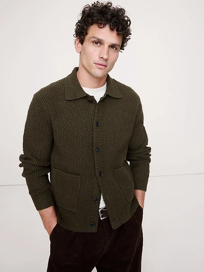 Bouclé Ribbed Polo Cardigan