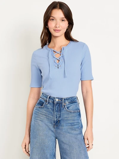 Short Sleeve Lace-Front Top