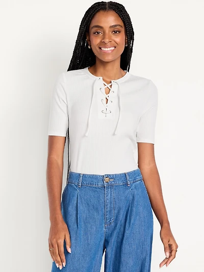 Short Sleeve Lace-Front Top