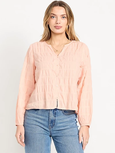 Lightweight Button-Down Smocked Top