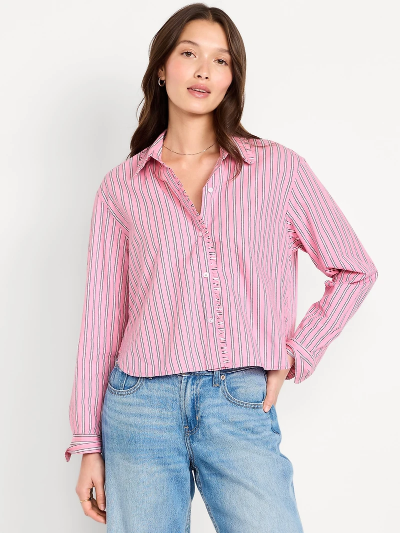 Cropped Button-Down Ruffle-Front Shirt