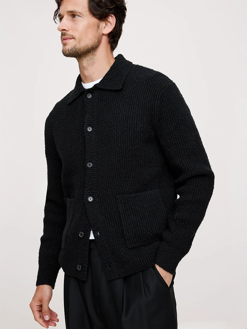 Bouclé Ribbed Polo Cardigan