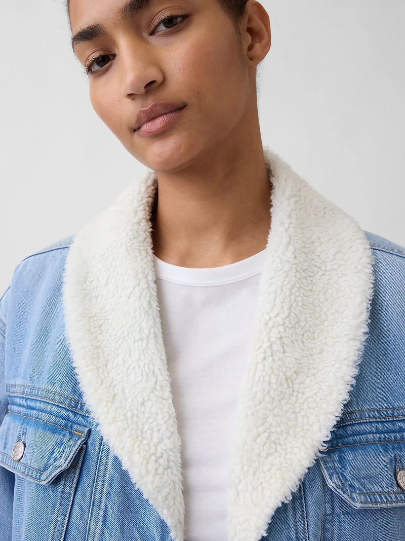 Sherpa-Lined Shawl Denim Jacket