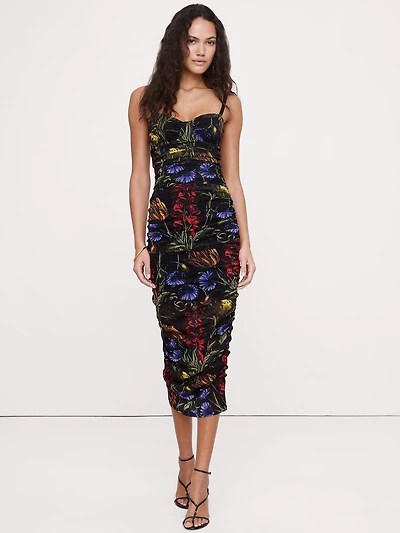Ruched Mesh Corset Midi Dress