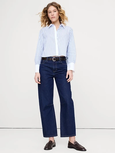 Cropped Cotton Poplin Shirt with Elbow Patches