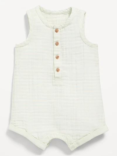 Sleeveless Double-Weave Henley One-Piece Romper for Baby