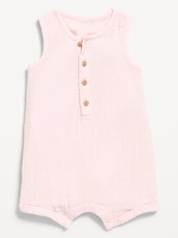 Sleeveless Double-Weave Henley One-Piece Romper for Baby