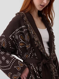 Cotton-Blend Fringe Shawl Cardigan