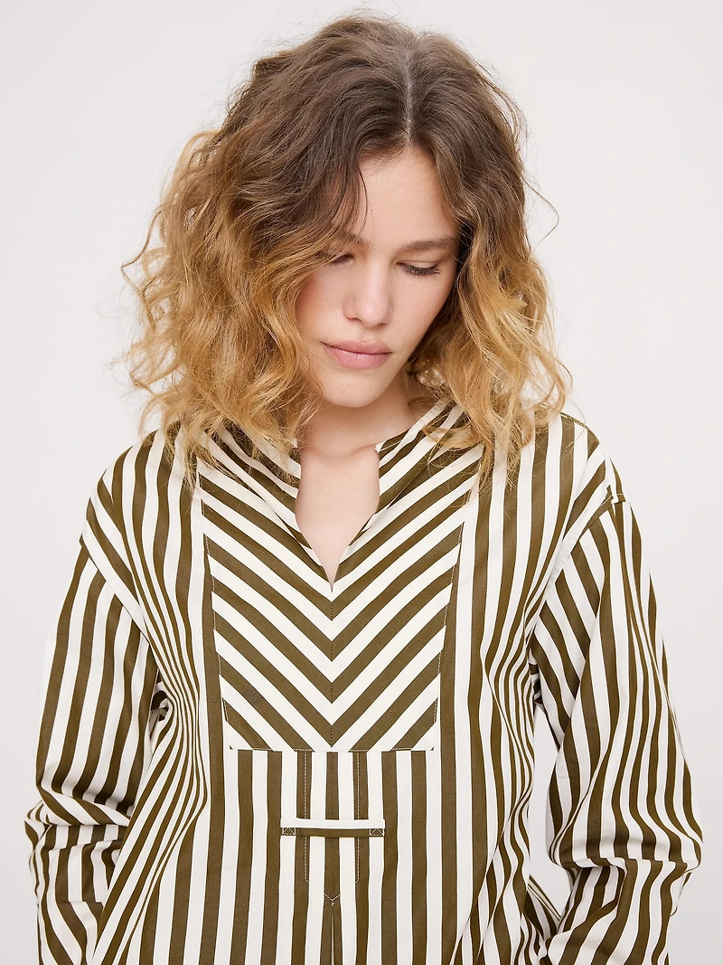 Cotton Poplin Popover Top with Rolled Cuffs