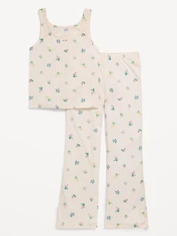 Printed Ribbed Pajama Tank Top and Flare Pants Set for Girls