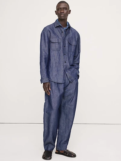 Loose Chambray Pleated Pull-On Pant