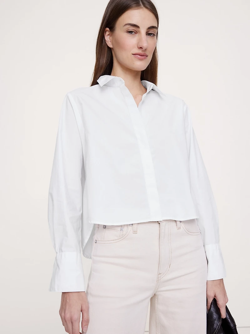 Cropped Cotton Poplin Shirt with Elbow Patches